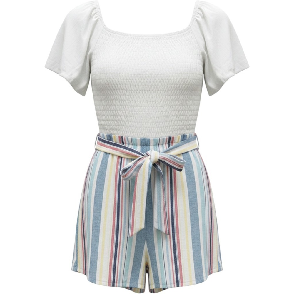 Three Pink Hearts Girls Smocked Flutter Sleeve Striped Romper XL White Multi